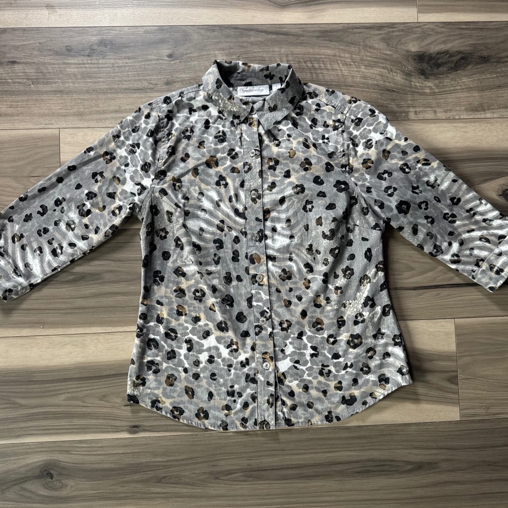 Breckenridge Gray Leopard Zebra Animal Print Button Down Shirt 3/4 Sleeve Small